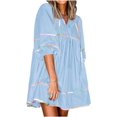 thumbnail image 2 of 3/4 Sleeve Women High Waist Patchwork Loose Mini Babydoll Dress, 2 of 7