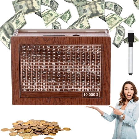 $10,000 Savings Challenge Box Kit with [Bonus Marker Pen] – Wooden Cash Vault Money Bank with Counter – Reusable Financial Goal Piggy Bank for Adults