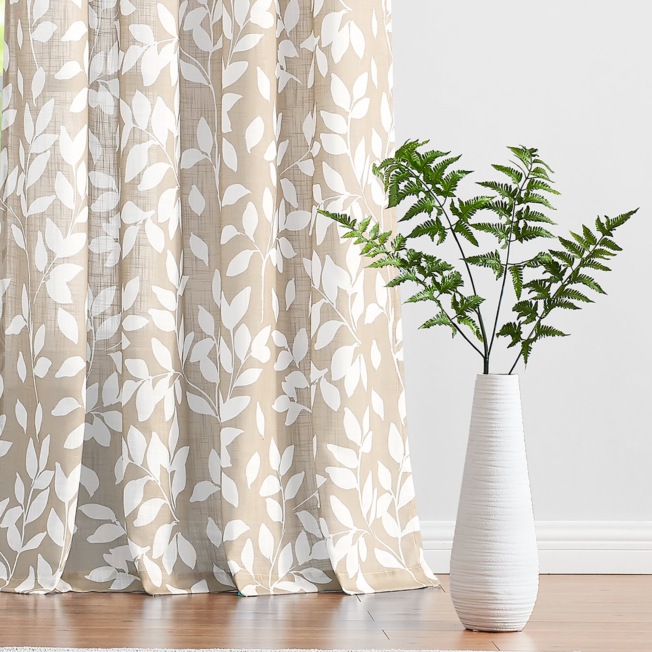 Exultantex Taupe Semi Sheer Curtains White Leaf Pattern Panels