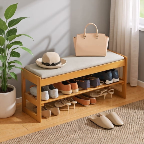 Resenkos Shoe Bench with 2-Tier Rubberwood Storage, Flip-Open Bench with Padded Seat for Hallway, Entryway, Bedroom, Beige