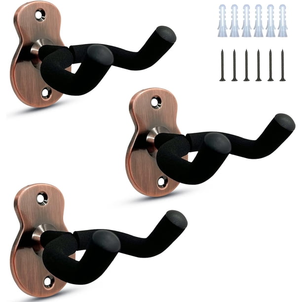 Paquete de 3 soportes de pared para guitarra de metal con esponja protectora, adecuado para bajo, guitarra, banjo y ukelele, bronce rojo
