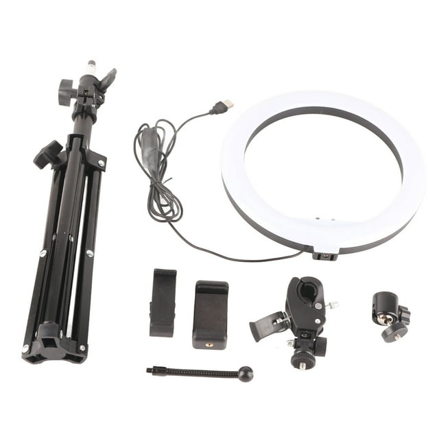 Lámpara de relleno circular LED regulable de 10 pulgadas con USB para cámara de vídeo y trípode con clip para teléfono.