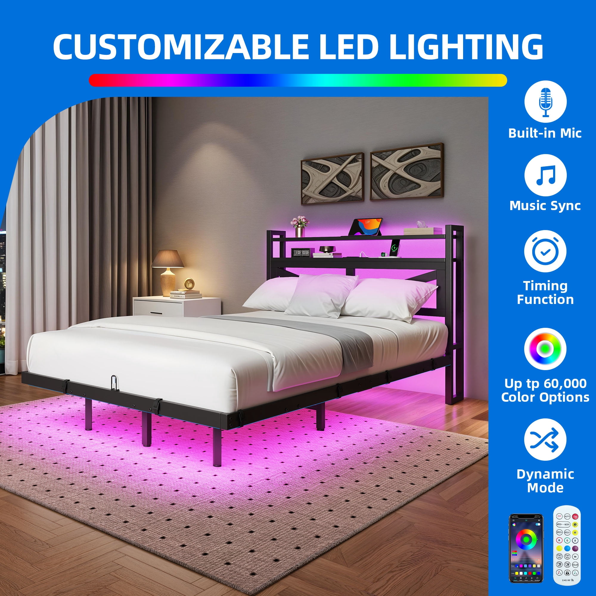 Dextrus Modern Floating Bed Frame, Full Size Bed Platform with 2-tier Storage Headboard, Noiseless Metal Frame, Built-in Power Hub, and LED Lights, Black
