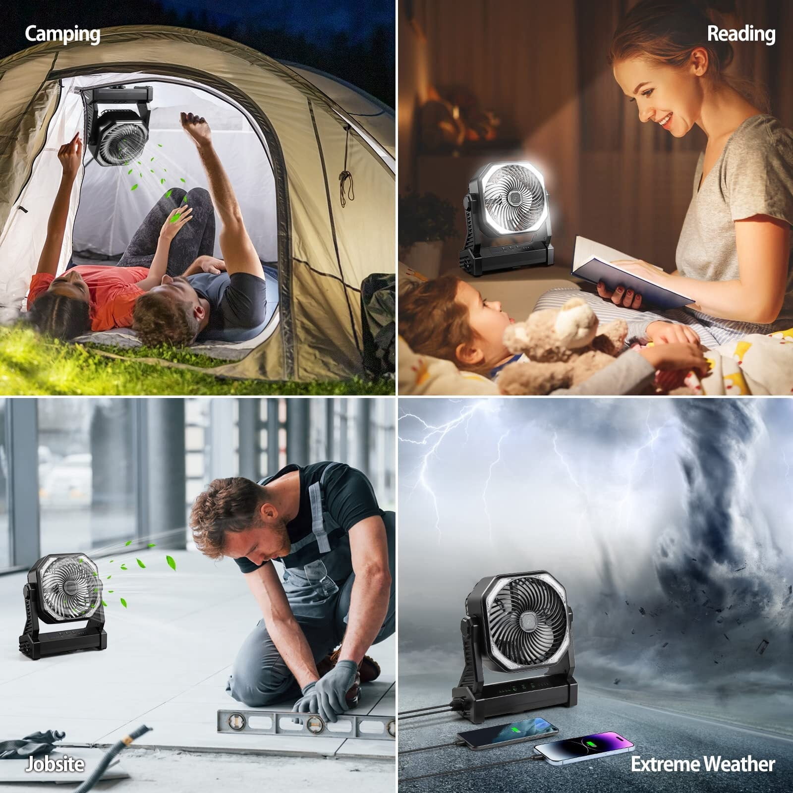 20000mAh Battery Powered Fan, Portable Rechargeable Desktop/Camping Fan with Light and Hook, 270° Rotation 4 Speed ​​Battery Powered Outdoor Fan for Tent, Car Travel, Sleeping, Hurricane,