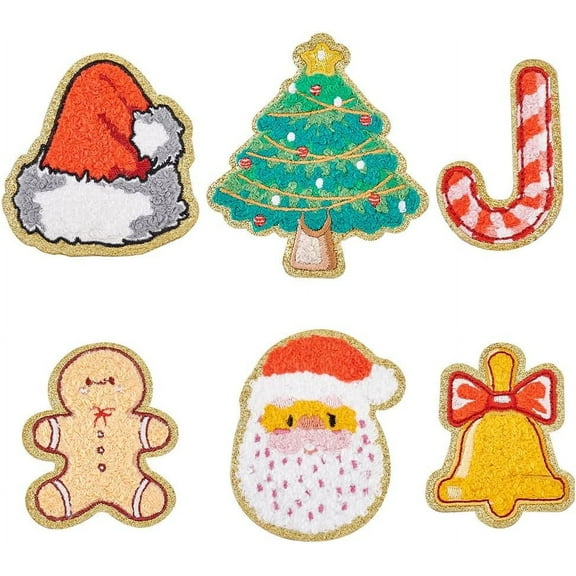 12Pcs 6 Style Christmas Theme Towel Embroidery Cloth Patches Self Adhesive Crochet Applique Patches Gingerbread Man Santa Claus Appliques for Christmas Arts Crafts DIY Decor Costume for DIY