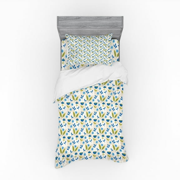 Ambesonne Floral Bedding Set 3 Pcs, Geometric Flower and Leaves, Twin XL, Eggshell Olive Green