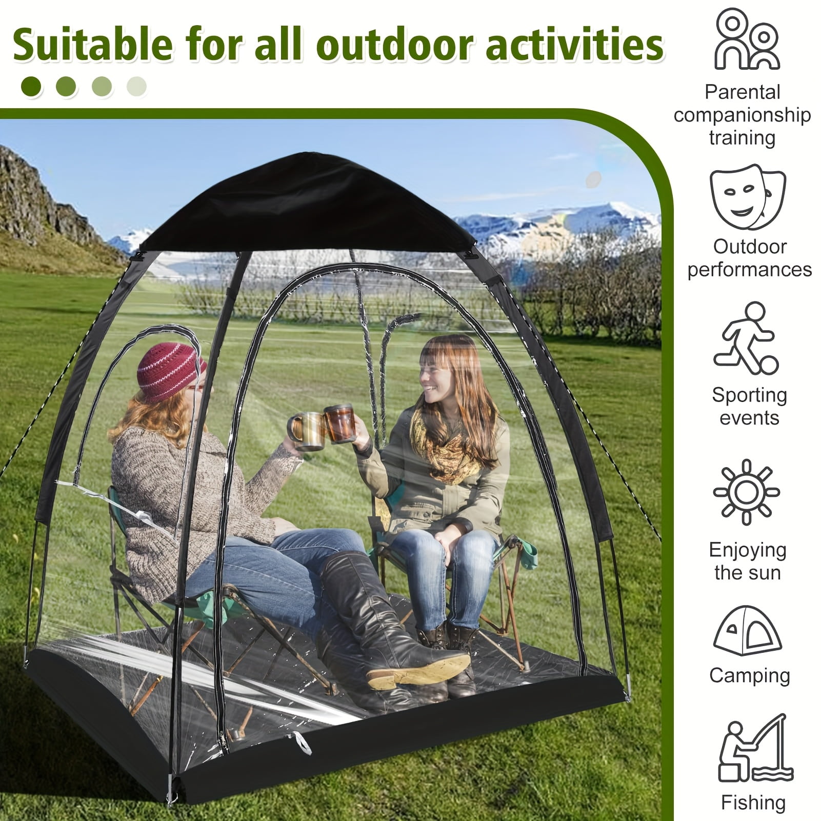 Panoramic transparent waterproof tent, lightweight and large 1-3 person tent for sports, outdoor cleaning tent, rain shelter for watching sports events, camping, fishing, suitable for all seasons