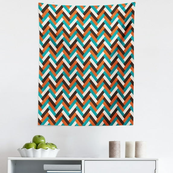 Mid Century Tapestry, Herringbone Pattern in Retro Colors Simple Funky Design of Classic Mosaic Tile, Fabric Wall Hanging Decor for Bedroom Living Room Dorm, 5 Sizes, Multicolor, by Ambesonne