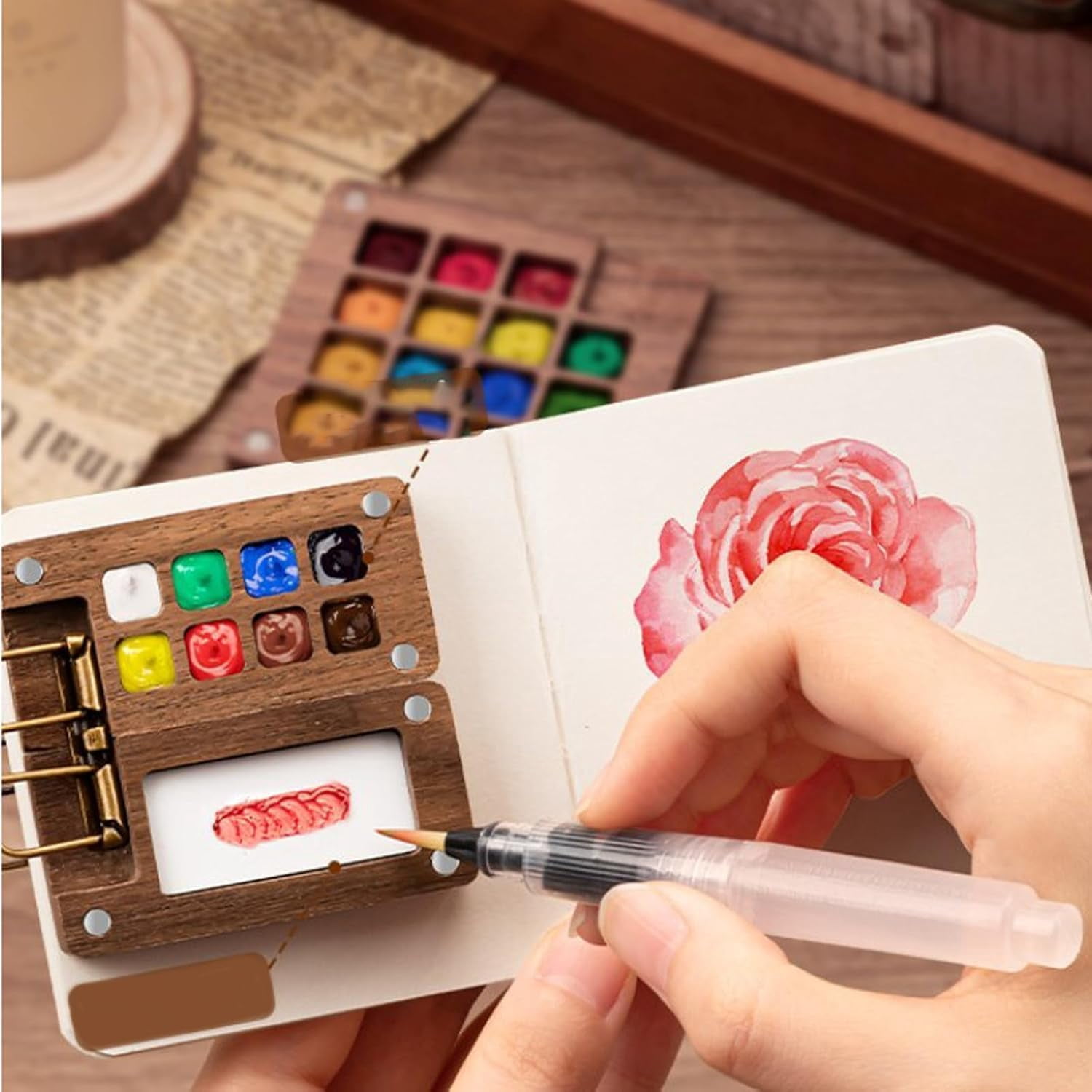 Pocket Artist Watercolor Travel Set, Travel Kit Mini Watercolor Paint Palette Set, Pocketartist Travel Set Mini Portable Watercolor Travel Set，2024 Wooden Grid Paint Palette (8 Grid Set)
