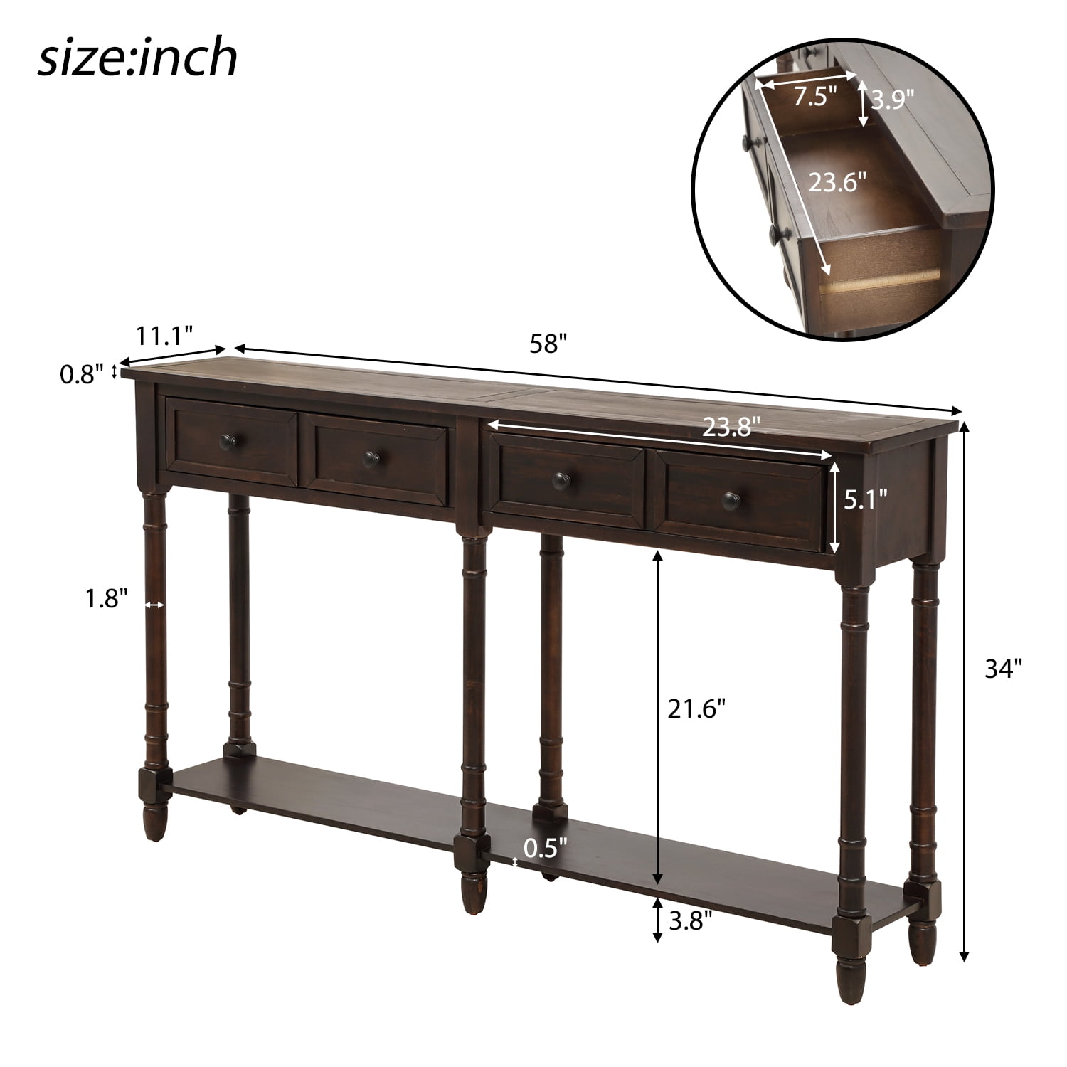Wooden Console Table with Two Drawers and Bottom Shelf,Antique Entryway Table for Hallway Living Room,Espresso