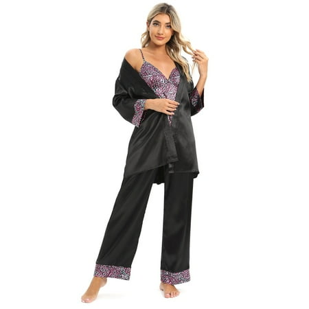 

Hazel Tech Women s Imitation Silk Pajamas Set Stitching Bathrobe Three-piece Set Versatile Long Sleeve Keep Warm Women s Coat