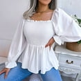 thumbnail image 4 of Women'S Long Sleeve Square Neck Lantern Shirred Ruffle Hem Smocked Peplum Babydoll Blouse Shirt Top White XL, 4 of 8