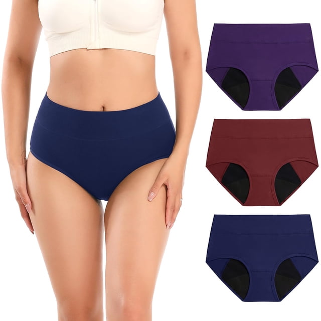 ropa interior para incontinencia molasus para mujer de alta absorción, paquete de 3 unidades bragas de tiro alto en azul marino, morado y burdeos; vista frontal centrada con modelo usando la azul marino, cintura elástica ancha y cobertura frontal a trasera, aberturas de pierna que muestran forro negro; diseño similar a ropa interior regular para flujo abundante y uso nocturno, también adecuada como respaldo absorbente en viajes.