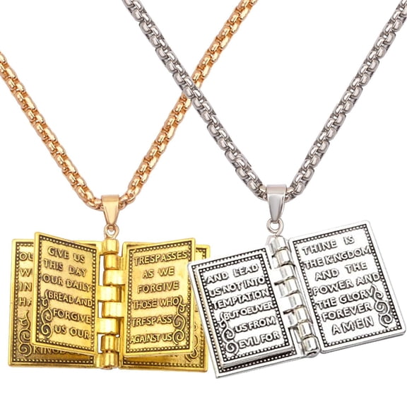 2pcs Holy Bible Book Pendant Necklaces Openable Prayer Bible Verse Metal Pages Inside Vintage Religious Christian Necklace Jewelry for Men Women Christmas
