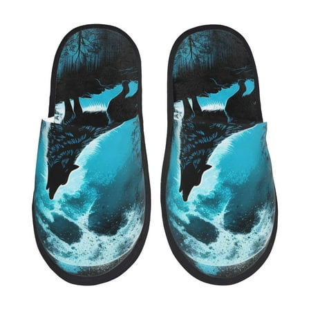 Balery Blue Full Moon Wolf Slient Indoor Furry Fleece Comfort House Shoes Soft Non-Slip Home Shoes Cotton slippers House Slippers-- Medium