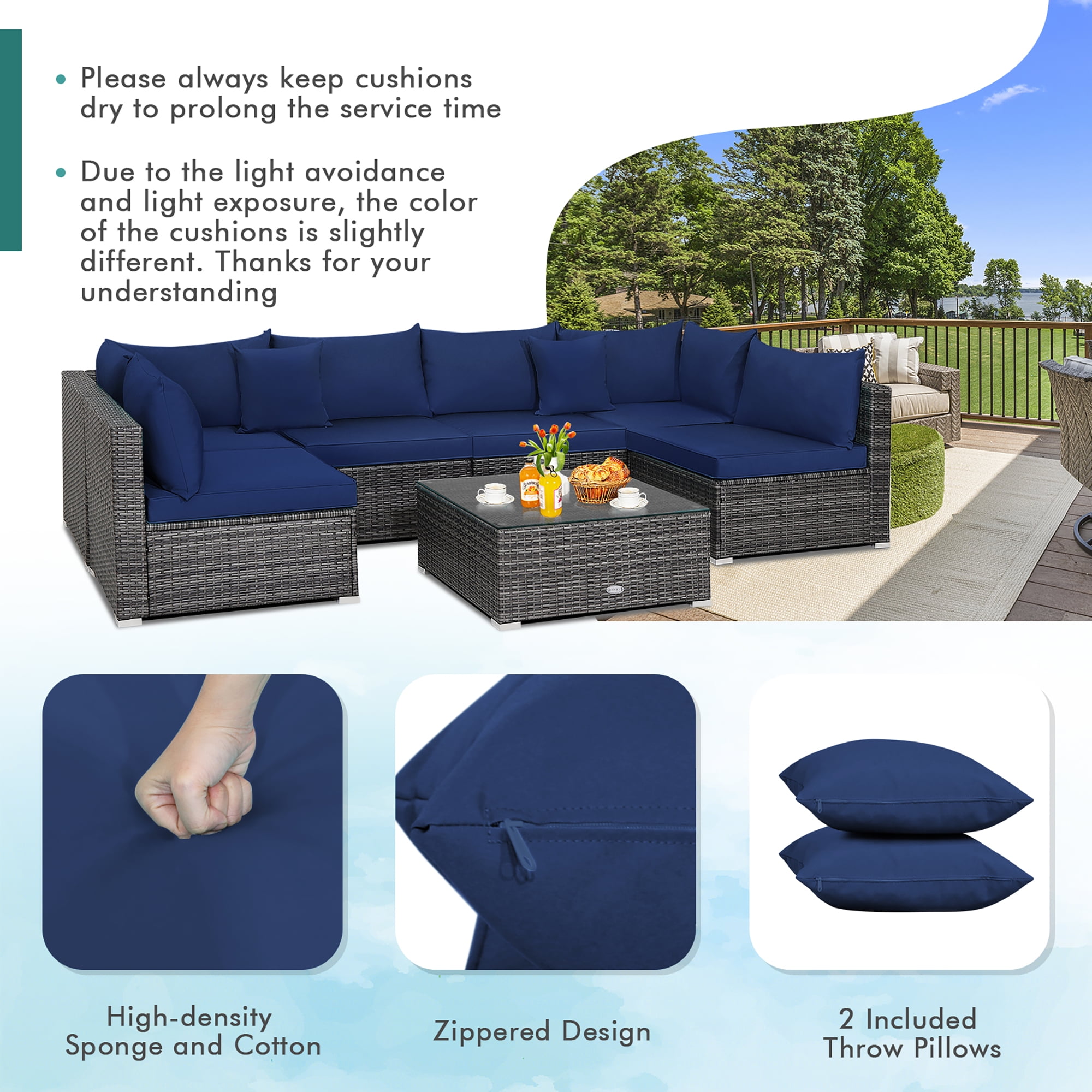 Costway 7PCS Patio Rattan Furniture Set Sectional Sofa Cushioned Garden Navy