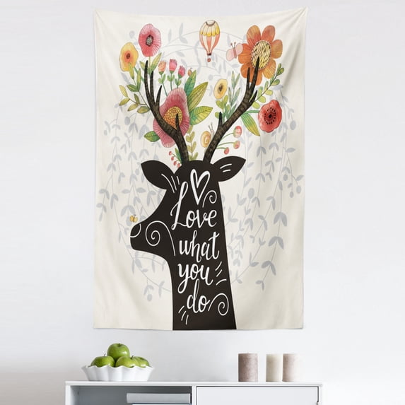 Saying Tapestry, Deer Silhouette with Antlers and Love What You Do Message Flower, Fabric Wall Hanging Decor for Bedroom Living Room Dorm, 5 Sizes, Multicolor Pink, by Ambesonne