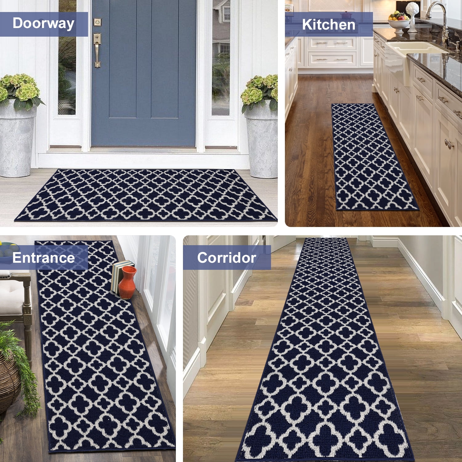 Yamaziot 2'x10' Runner Rugs for Hallway, Extra Long Farmhouse Kitchen Rug for Floor, Non Slip Washable Laundry Room Mat with Rubber Backing Doormat, Dark Blue
