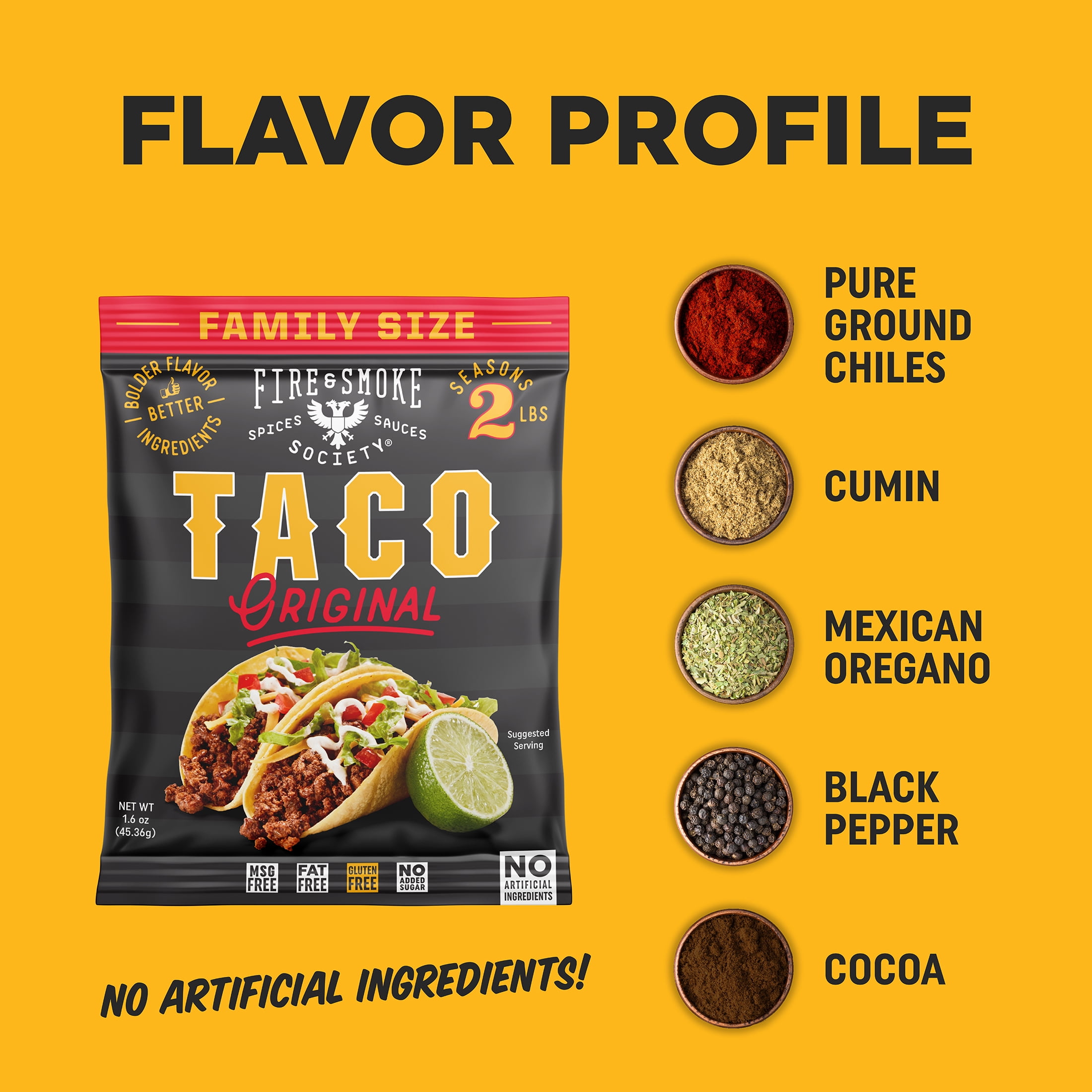 Fire & Smoke Society Family Size Taco Seasoning Mix 1.6 oz, Seasons 2 lbs, Mixed Spices & Seasonings