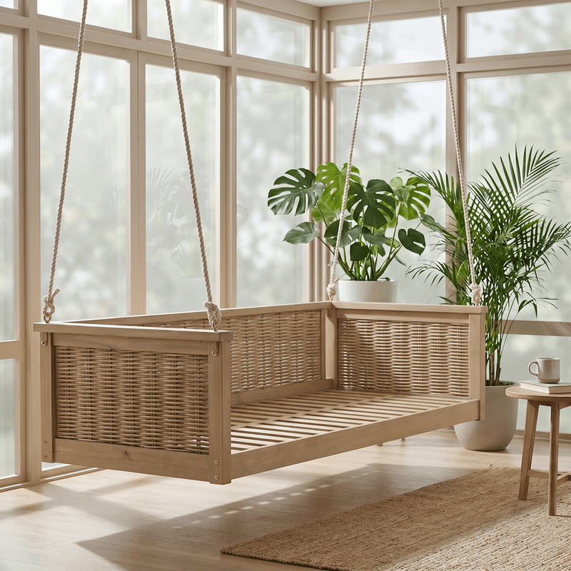 Outdoor Porch Swing Bench,Solid Acacia Wood & Rattan Patio Hanging Chair Swinging Bed,Hanging Ropes,for Porch,Backyard,Poolside,Light Teak