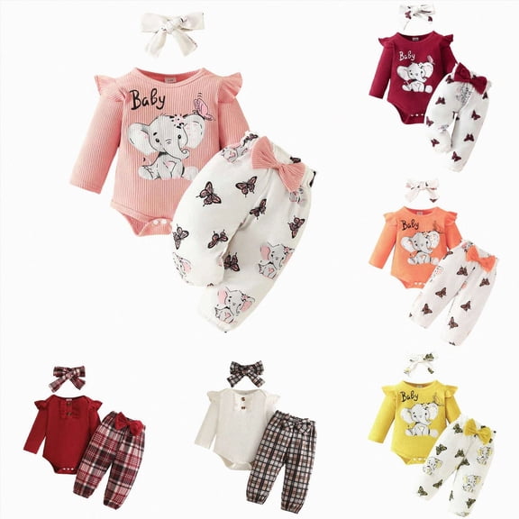 CAUYDY Western Baby Girl Clothes Set Long Sleeve Romper Pants Headband 3-Piece Fall Winter Outfits Christmas Gift for Newborn 0 3 6 9 12 18 Months Pink Sizes 3-6 Months