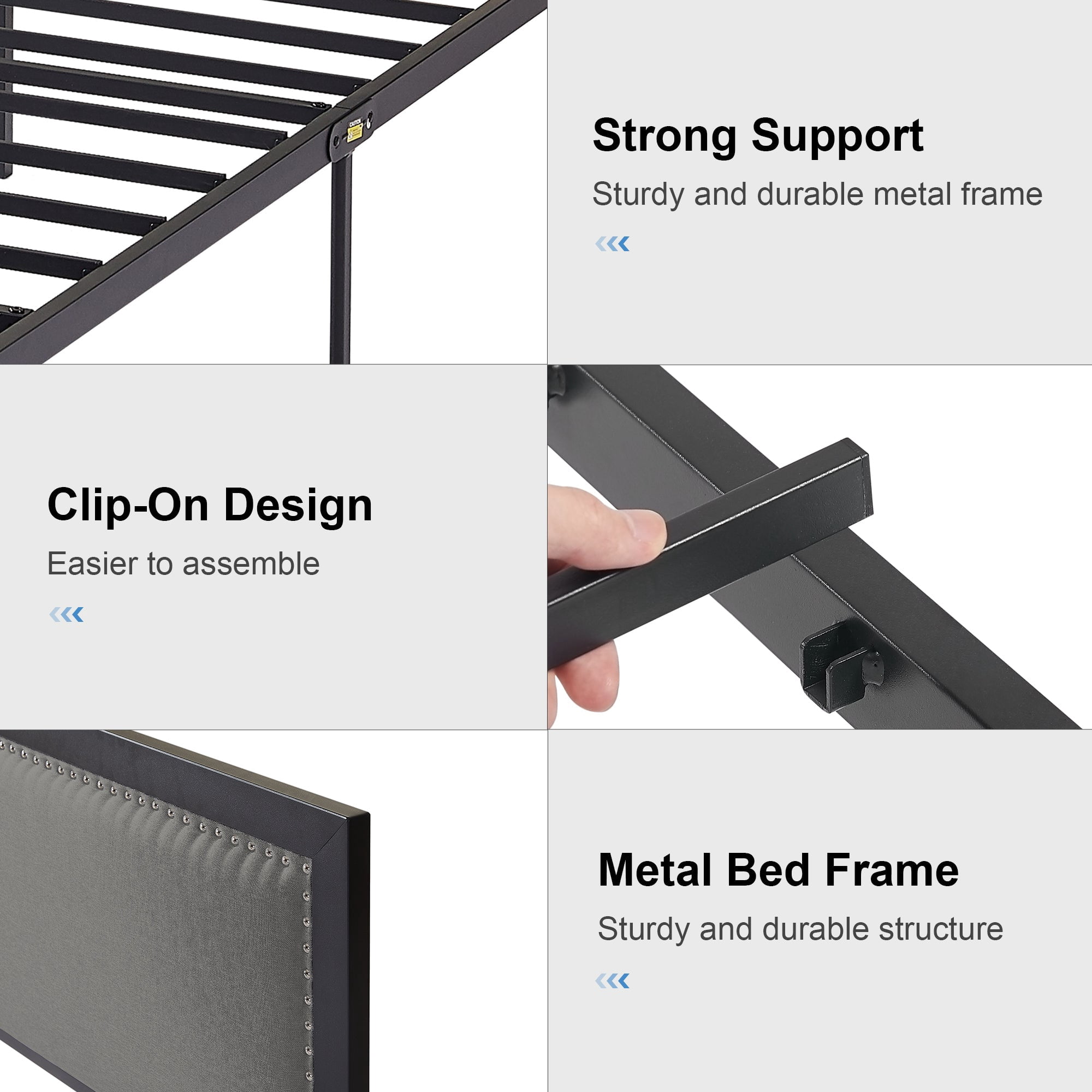 VECELO Twin Size Bed Frame Metal Platform Bed with Upholstered Headboard, No Box Spring Needed, Gray