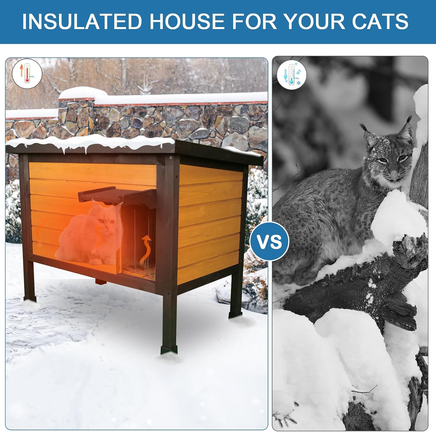Insulated Outdoor Cat House Outside Feral Cat Enclosure Shelter Weatherproof for Winter with 2 Escape Doors
