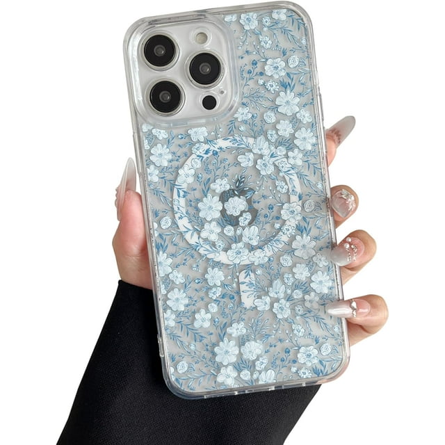 YWC-pour iPhone 14 Pro Max Étui Compatible avec MagSafe Motif Floral Clair Mignon pour Filles Femmes Étui Magnétique Mince Dos Dur Antichoc pour iPhone 14 Pro Max, Fleurs Bleues