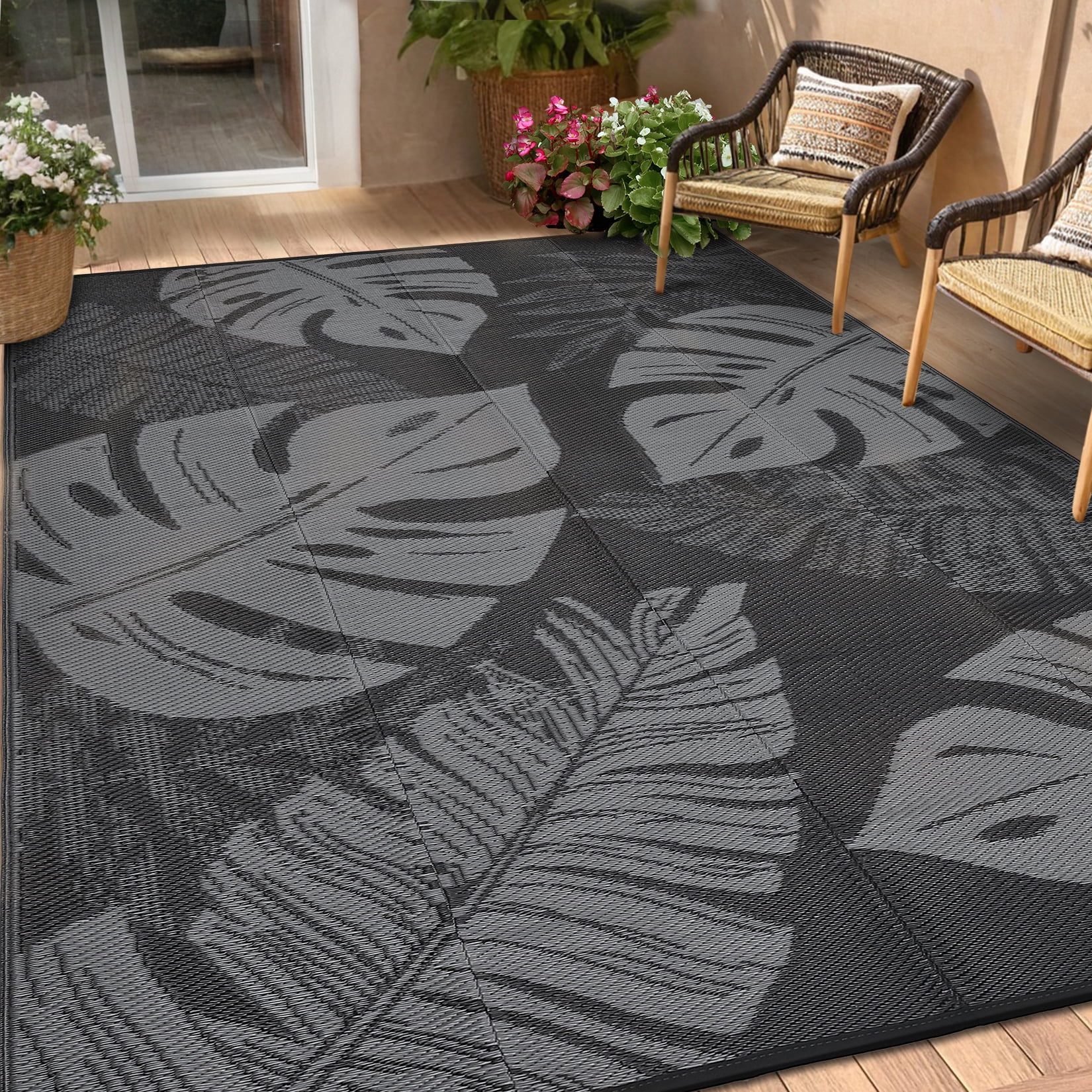 Hasoo 9' x 12' Black/Gray Outdoor Rug Plastic Straw Rug Bohemia Carpet Waterproof PP Tube Woven Portable Mat for Patio Decor, Balcony, Picnic