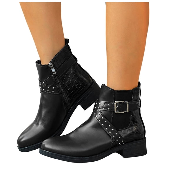 Rokment Womens Buckle Studded Western Chelsea Ankle Boots Retro Leather Low Block Heel Pull‑On Cowgirl Short Booties for Fall Winter Party Business