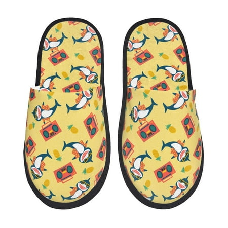 Balery Pineapples Sharks In Hawaiian Slient Indoor Furry Fleece Comfort House Shoes Soft Non-Slip Home Shoes Cotton slippers House Slippers-- Large