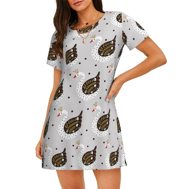 Disketp Cute Swan para Camisón Corto de Manga Corta para Mujeres, Camisón Cómodo con Escote Redondo, Bonito y Confortable