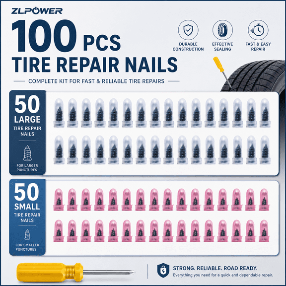 ZLPOWER 100 PCS Tire Repair Rubber Nail, Vacuum Tire Repair Kits Spiral Rubber Screws, Fast Self-Service Tool for Car, Truck, Motorcycle, Tractor Tire Puncture Repair (Black)