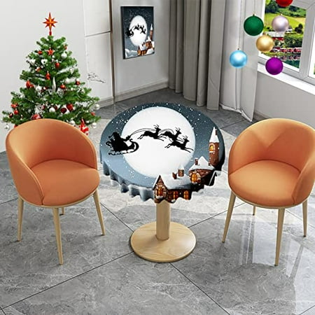 

VVA Small Round Christmas Tablecloth - Santa Claus Sleigh Snow Christmas Eve New Year Decorative Winter Tablecloth Holiday Round Table Cloth for Family Gatherings Christmas Party Dinner Deco