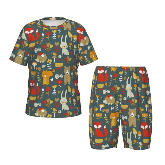 Balery Cute Animal Forest Conjunto de Pijama Infantil de Manga Corta con Estampado – Ropa de Dormir de Algodón Suave-Small