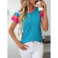 thumbnail image 6 of Women's Short Sleeve Color Block Tops Crewneck Pullover Sweater Knit Clothes Top for Casual Beach Vacation Blue S, 6 of 9