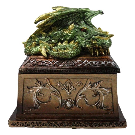 Medieval Fantasy Metallic Green Dragon Decorative Trinket Treasure Box Figurine