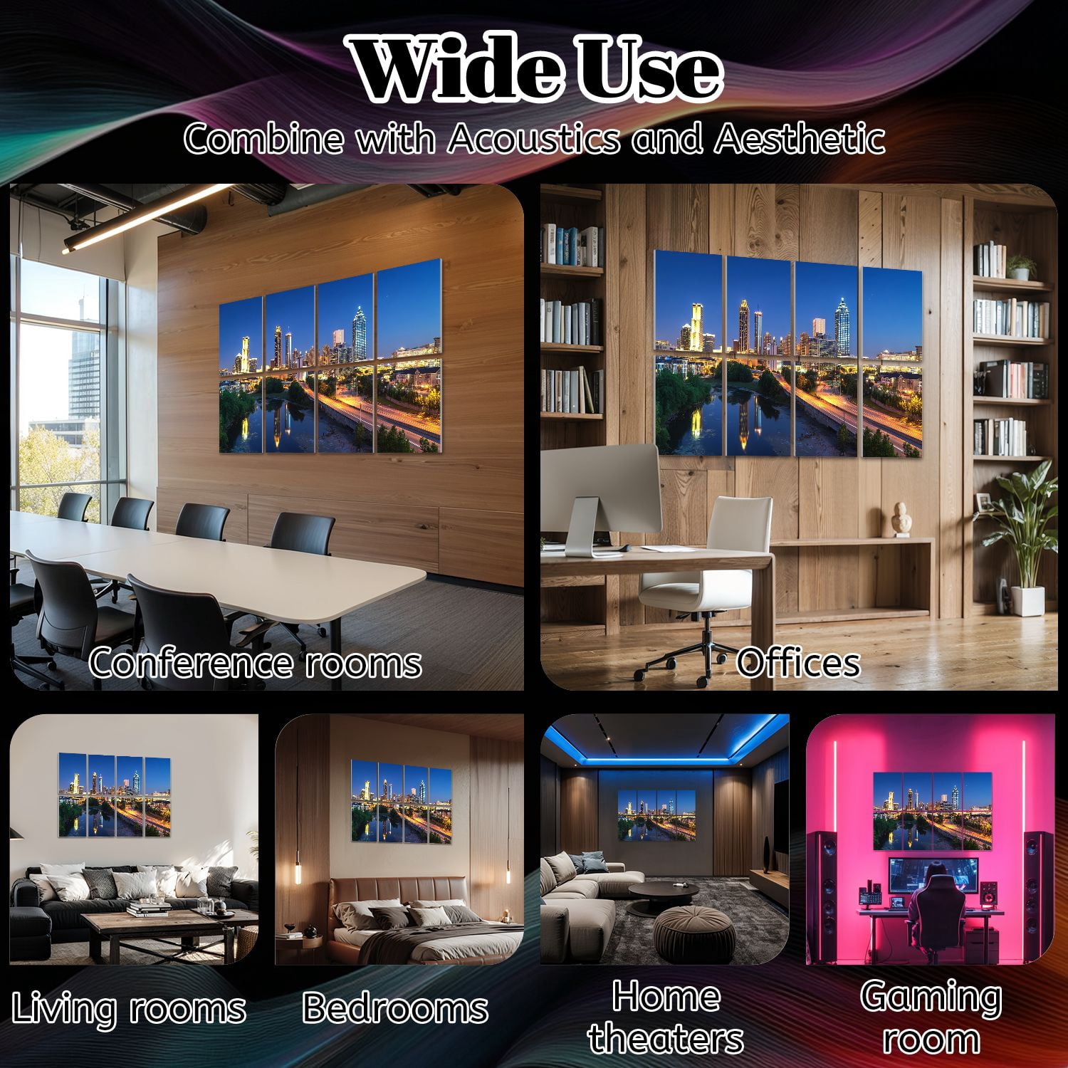 8 Pack Art Acoustic Panels Sound Absorbing Atlanta Georgia Skyline Decorative Soundproof Wall Panels Self Adhesive for Nursery Game Room Bedroom 48"x32"