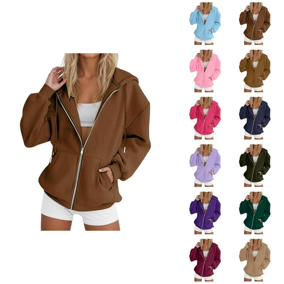 Essentials Hoodies for Women 2025 Long Sleeve Zip Up Basic Hoodie with Pockets Hooded Sweatshirt Women Jacket