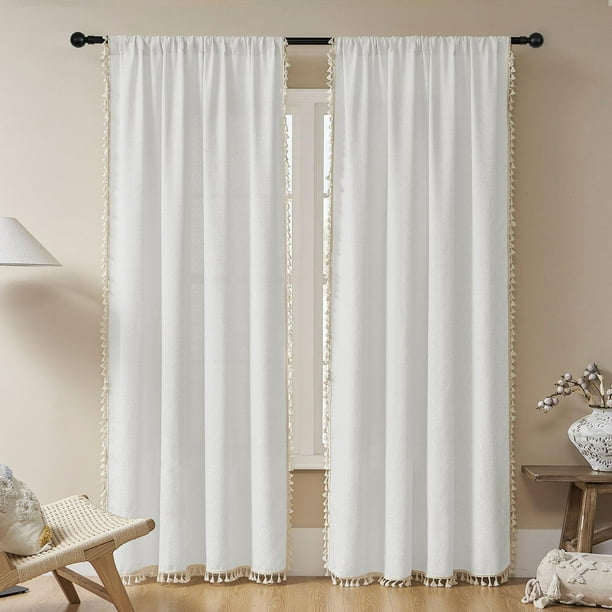 Cortinas Joydeco Blancas Boho 244 cm Alto 2 Paneles Semi Translúcidas