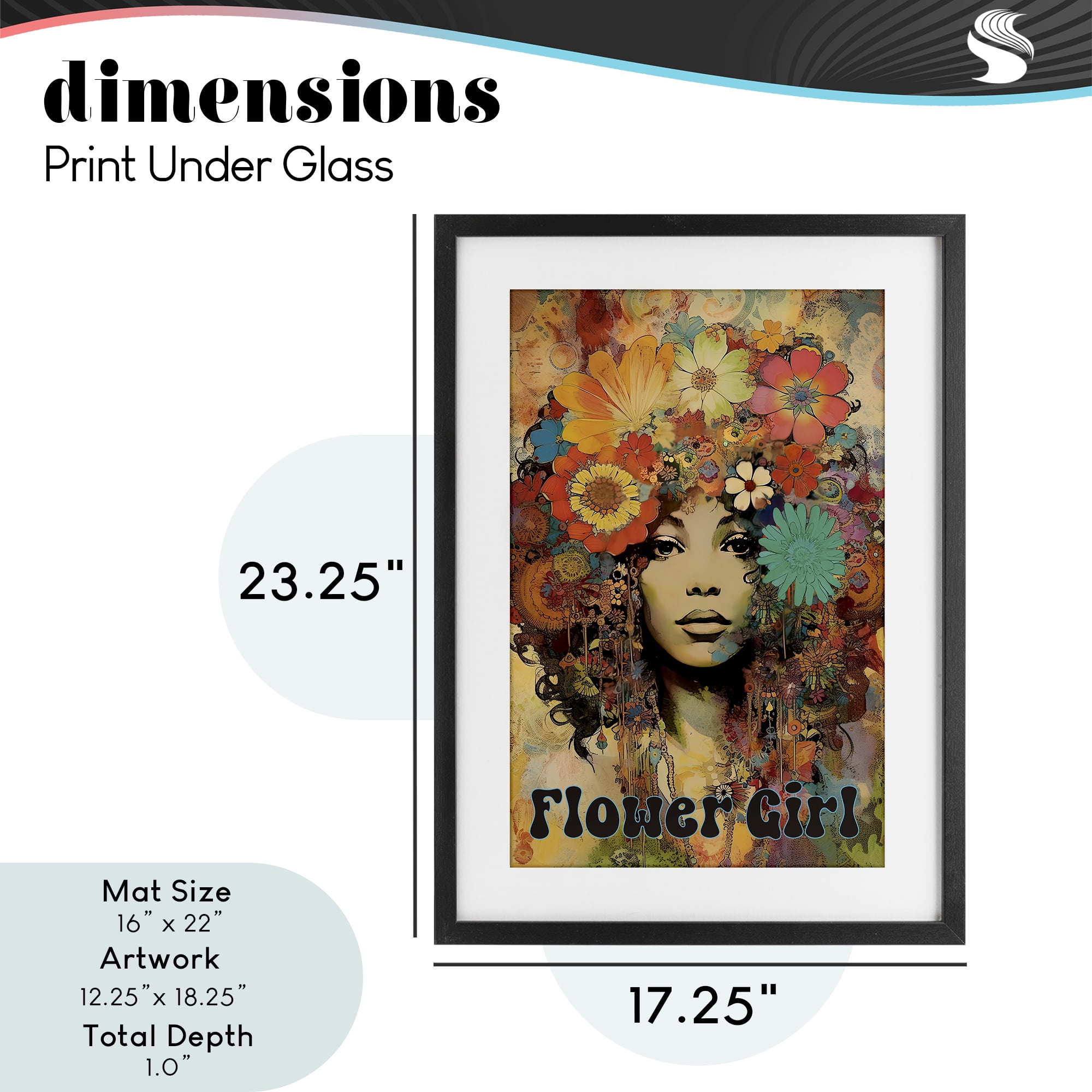Bohemian Flower Girl Black Framed Print Under Glass, design by Sasha