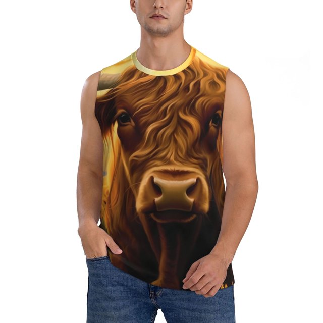 Fotbe Sunset Sunflower Cow A Men's Camiseta sin Mangas Estampada para Hombres, Playera Casual para Gimnasio, Entrenamiento, Playa-Medium