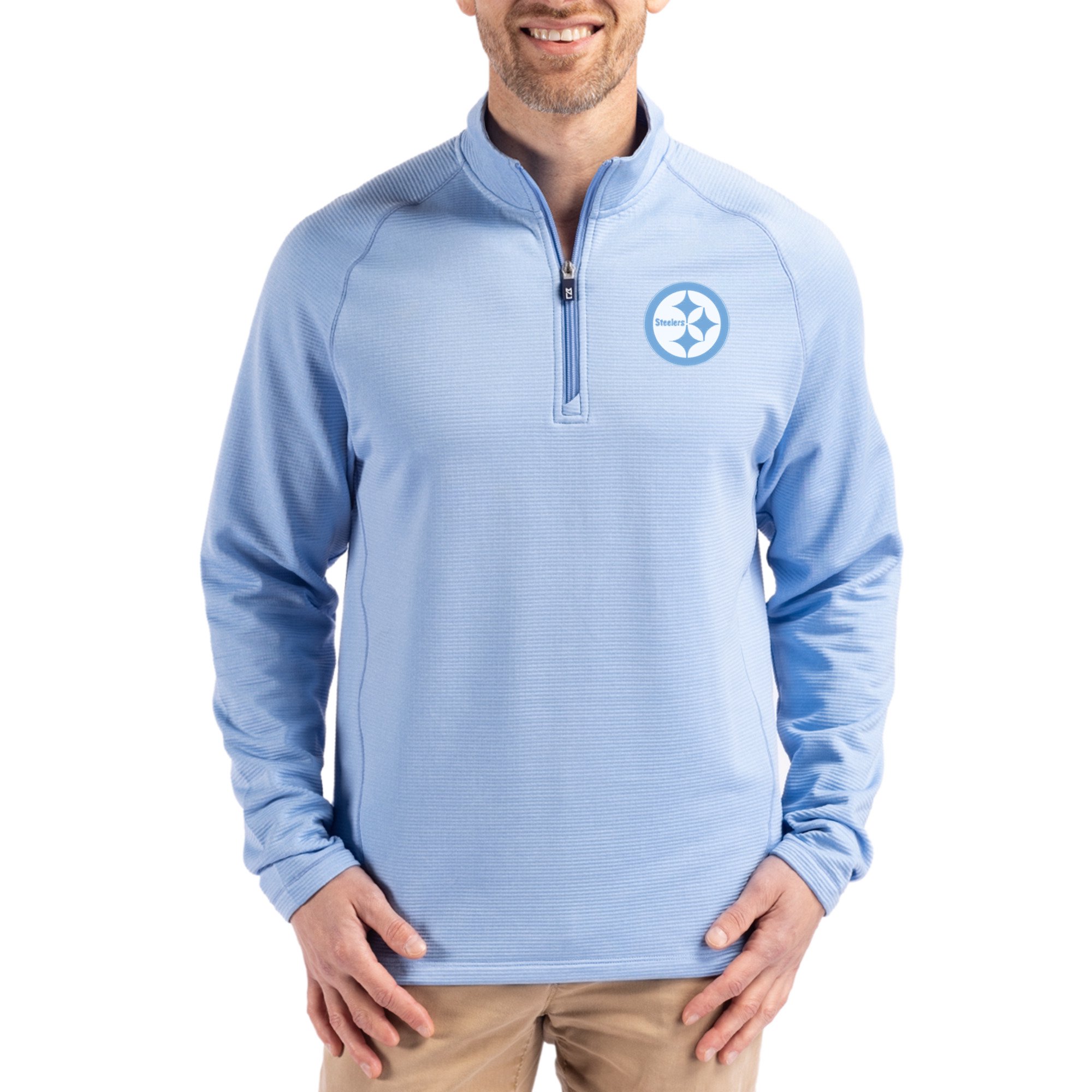 Men's Cutter & Buck Powder Blue Pittsburgh Steelers Peshastin Eco Fleece Recycled Raglan Quarter-Zip Top