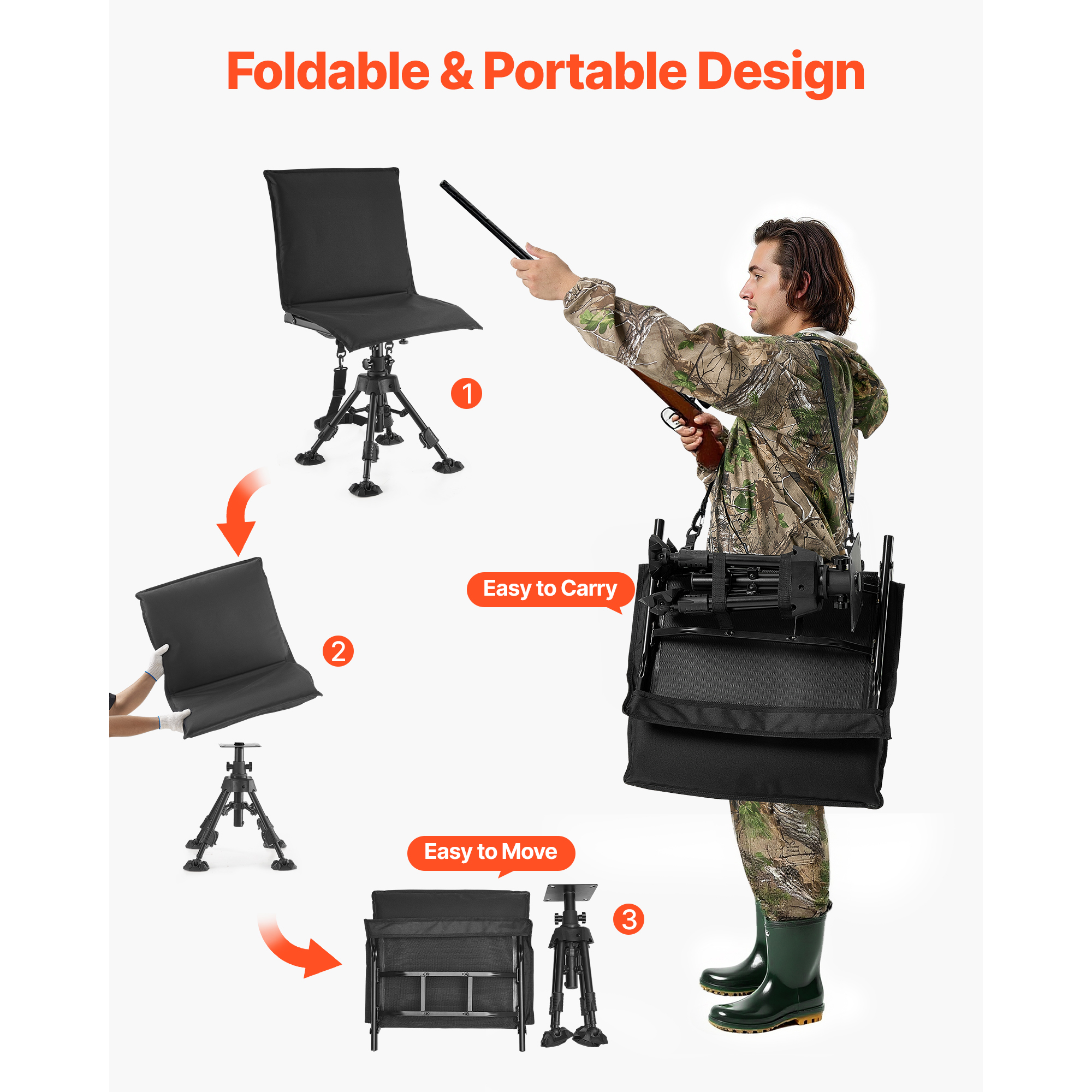KFFKFF Hunting Chair with 360° Quiet Rotation, Foldable and Portable Blind Seat, Durable Steel Frame Ground Stool with Seat Cover, Stable Feet, Adjustable Height, 350 Lbs Weight Capacity