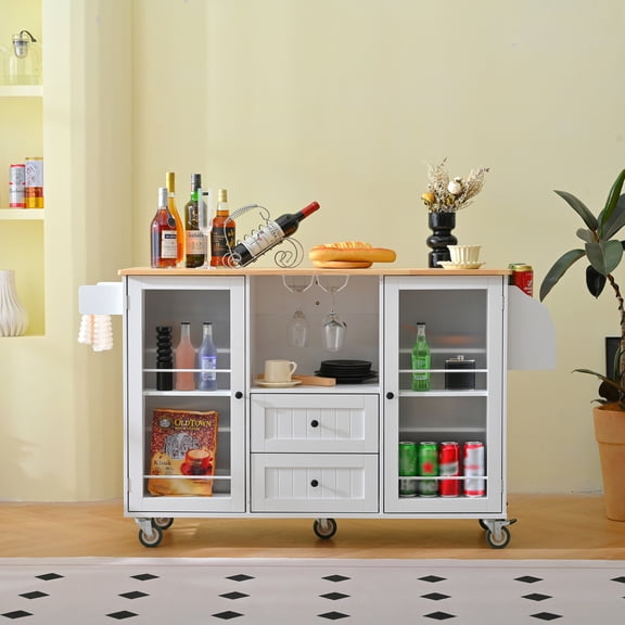 Kitchen Island, Rolling Island with Drop Leaf Bar Countertop 52.8 x 34.3 x 29.5in White Kitchen Cart with Storage Shelves Drawers Wheels for Small Spaces