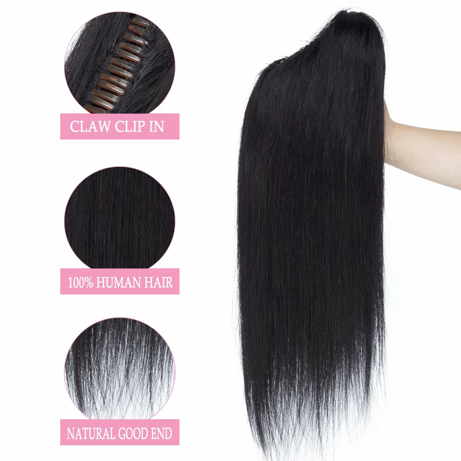 Benehair Claw Clip On Hair Ponytail 100% Remy Human Hair Extensions Real Thick Jaw/Claw Clip Pony Tail 18" Soft Black