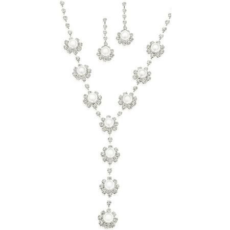 16.5" + 3" extender flower rhinestone and acrylic pearl Y necklace with matching earrings.