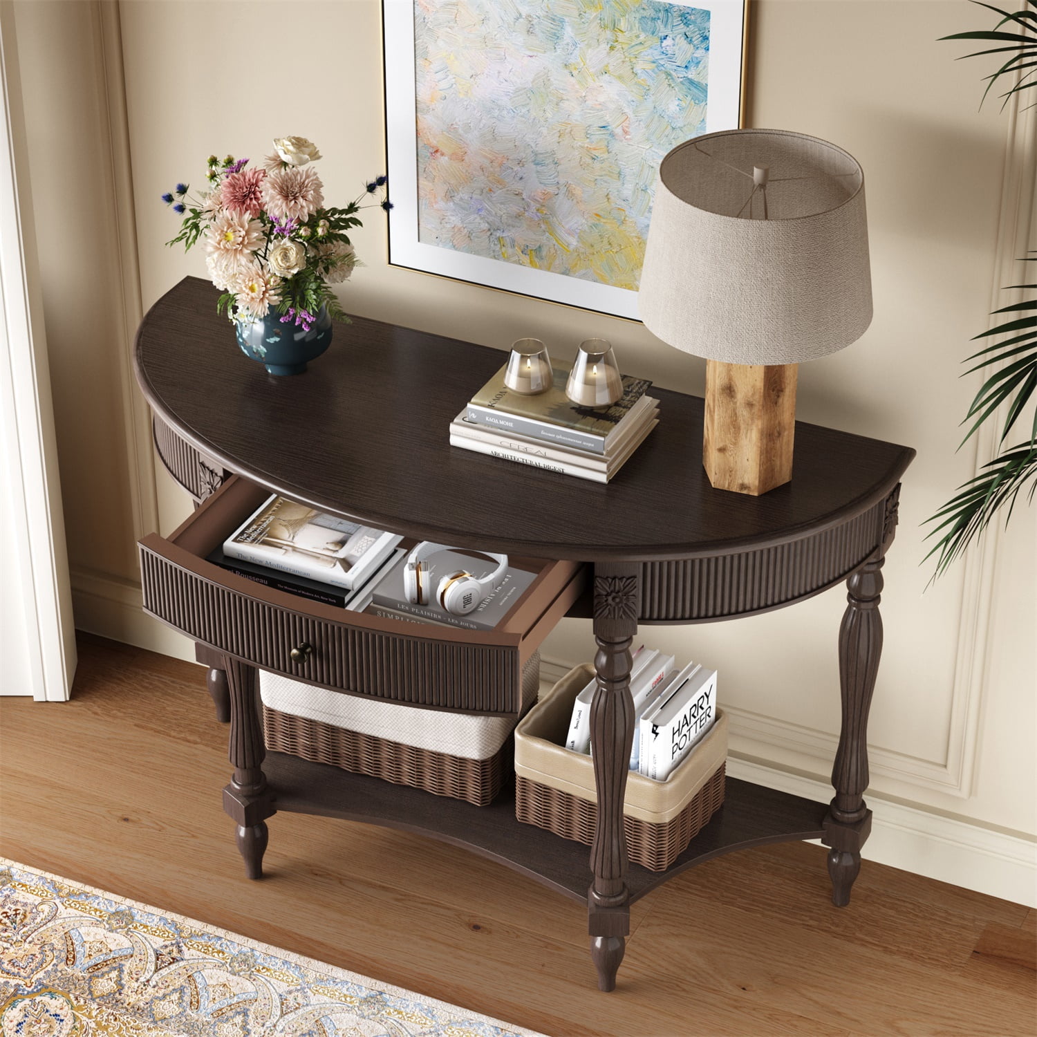 Hommoo Solid Wood Half Moon Console Table with Drawer & Open Shelf, Vintage Fluted Front, Narrow Semicircular Entryway Table for Hallway, Foyer, Living Room or Behind Sofa, Rustic Brown