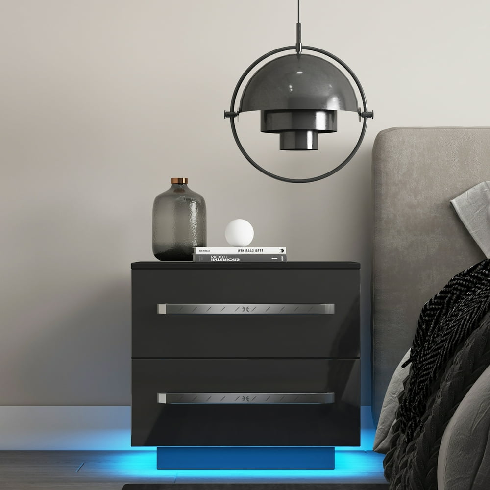 Modern 2Drawers Nightstand with RGB LED Backlight, High Gloss White