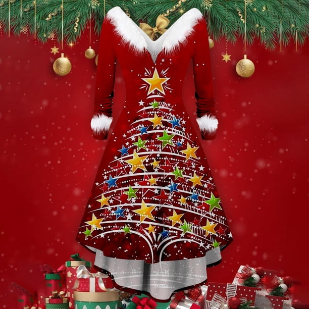 WILLBEST Vestido De Verano Con Cuello De Árbol De Navidad, Manga Larga, Informal, Para Fiesta, Elegante Y Fluido, Para Mujer